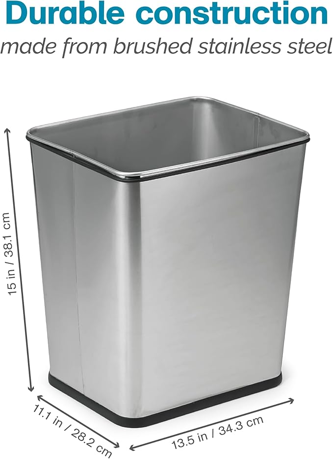 Polder 7 Gallon, Undersink, No Skid Rubber Base, Brushed Stainless Finish Trash Can, 13.5” x 11” x 15.25”H