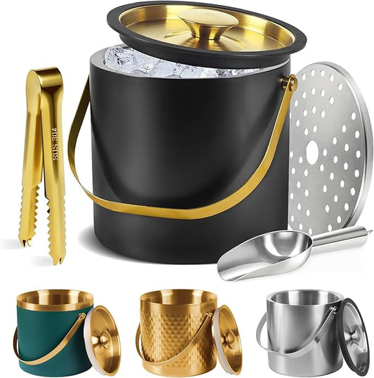 Ice Bucket, Ice Bucket with Silicone Sealing Ring Double-Wall Vacuum Insulation Champagne Buckets with Filter Layer Ice Tongs Ice Scoop (Black, 4 L)