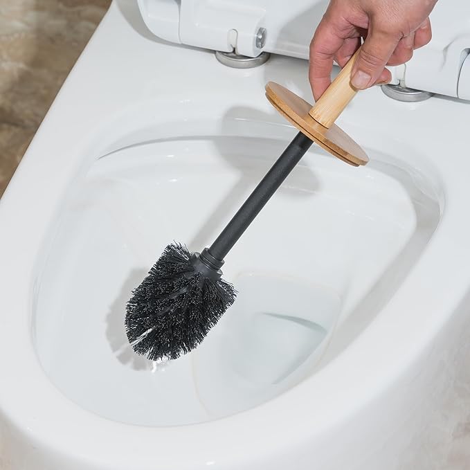 Toilet Bowl Brush and Holder, Toilet Brush with Bamboo Handle and Covered Holder, Dual Brush Options, Weighted Metal Base (Black)