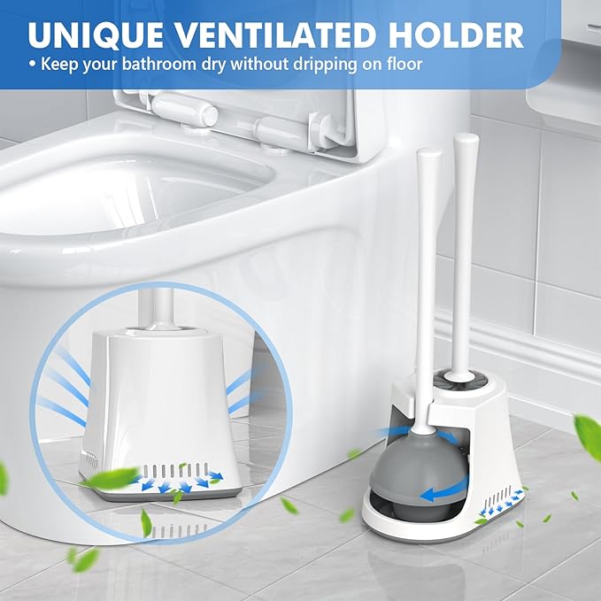 Toilet Plunger and Brush, Bowl Brush and Heavy Duty Toilet Plunger Set with Ventilated Holder, 2-in-1 Toilet Brush and Plunger Combo for Bathroom Cleaning (2, White)