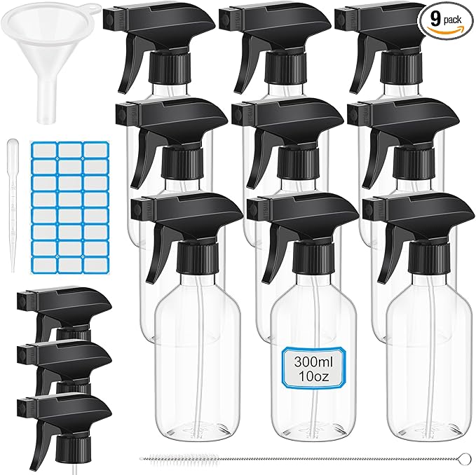 9 Pack 10oz/300ml Plastic Spray Bottle Bulk for Plant Small Spray Bottle Fine Mist Water Sprayer Upgraded Adjustable Nozzle Refillable Empty Containers for Cleaning, Hair, Cooking(Clear)