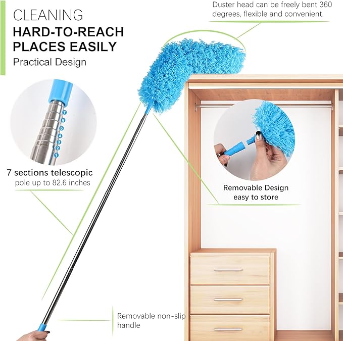 4PCS Microfiber Duster Kit, 3 in 1 Microfiber Dusters Retractable Gap Dust Cleaner and Chenille Duster with 83 inches Extra Long Extension Pole for Cleaning Ceiling Fan, High Ceiling
