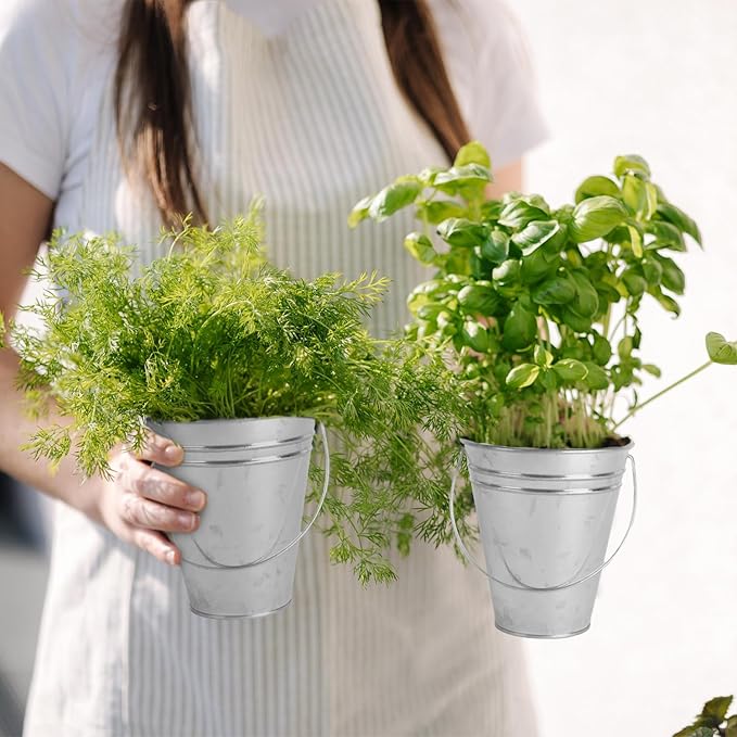 Galvanized Metal Bucket with Handle 12 Pcs- Metal Buckets for Party, Tin Buckets with erasable Stickers and Chalk Marker Silver Bucket 4.7" W x 5" H x 2.7" L