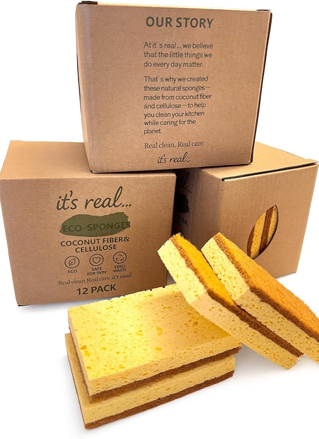 Eco Sponges – Coconut & Cellulose Kitchen Sponges, Biodegradable, Compostable, Plastic-Free Cleaning Scrubbers (12 Pack)
