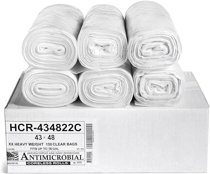 Aluf Plastics High Density Trash Bags, 56 Gallon, 150 Count, 22 Micron (eq), 43" x 48", Clear, for Bathroom, Office, Industrial, Commercial, Janitorial, Municipal, Recycling