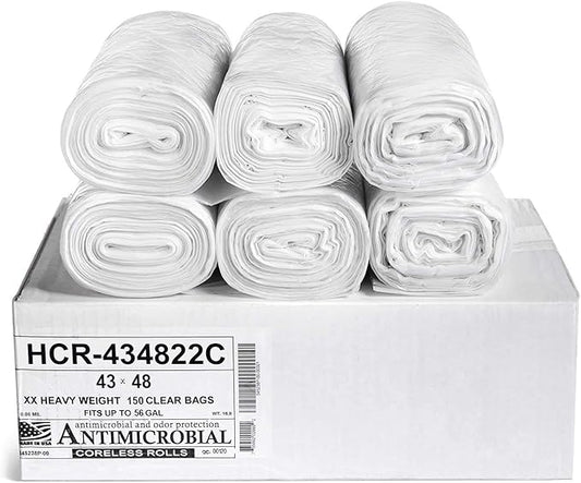 Aluf Plastics High Density Trash Bags, 56 Gallon, 150 Count, 22 Micron (eq), 43" x 48", Clear, for Bathroom, Office, Industrial, Commercial, Janitorial, Municipal, Recycling