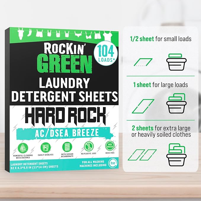 Rockin' Green Hard Rock Travel Laundry Detergent Sheets for Hard Water - Mess-Free Laundry Sheet Detergent with Sodium Bicarbonate - Easily Dissolvable Laundry Soap Sheets (104 Loads, AC/DSea Breeze)