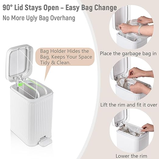 Small Bathroom Trash Can with Lid 1.9 Gallon Step Trash Can Slim Garbage Can with Soft-Close Waste Bin for Bathroom, Bedroom, Office, Dorm, RV, White