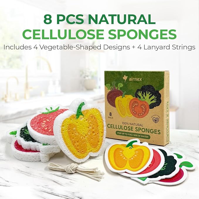 Biodegradable Cellulose Compressed Sponges Bulk - Vegetable Shaped Kitchen Pack of 8 - Eco Friendly, Odor Free, Natural, Pop Up Compostable Scrubbers for Washing Dishes