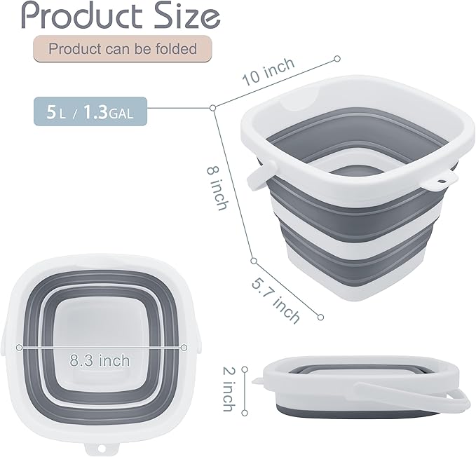 2 Pack Small Collapsible Buckets, 1.4Gal/5L BPA-Free - Foldable Water Pails for Car Washing, Camping, Beach - Portable Lightweight Storage Set for Outdoor, RV, Travel (Grey)