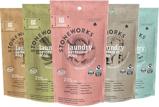 Grab Green Stoneworks Laundry Detergent Pods Sample Kit, 10 Count, Birch Branch, Fragrance Free Rain, Oak Tree, Olive Leaf, Rose Petal Scents, Plant a