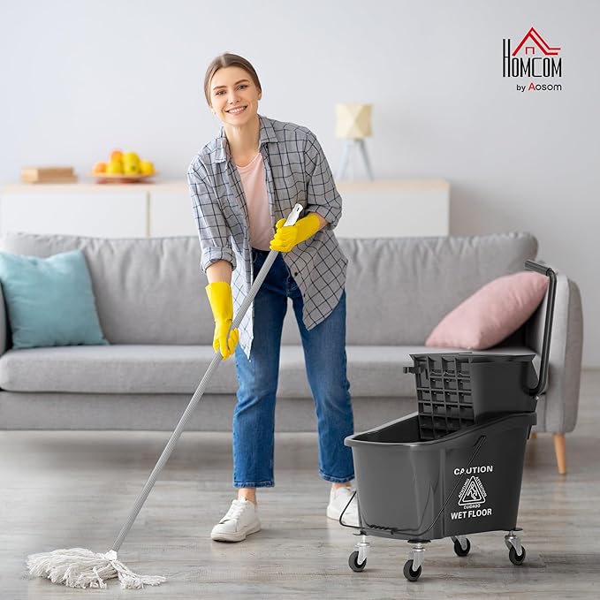 HOMCOM Mop Bucket with Wringer on Wheels for Floor Cleaning, 38 Quart Down Press Wringer with Handle and Mop, Black