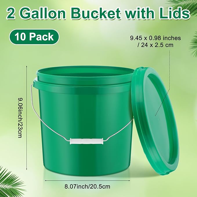 Tioncy 10 Pcs 2 Gallon Plastic Bucket with Lid Heavy Duty 2 Gallon Bucket Pail with Lid Handle for Storage Container Home Household Cleaning (Green)