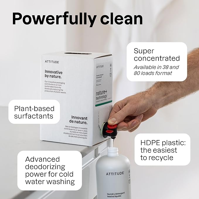 ATTITUDE Laundry Detergent Liquid, Natural Origin Ingredients, EWG Verified, High Efficiency (HE), Infused with Essential Oils, For White and Colored Clothing, Lavender & Rosemary, 38 Loads, 32 Fl Oz