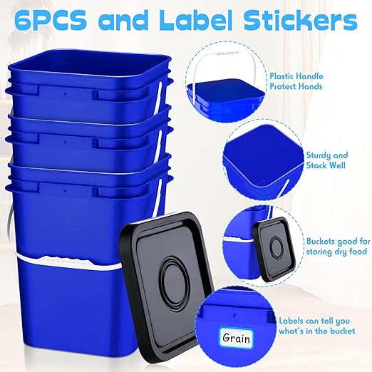 Vesici 6 Pcs 5 Gallon Food Grade Square Buckets with Lids 5 Gal Plastic Food Storage Square Bucket Heavy Duty Industrial Pail Container with DIY Label Stickers Handles for Water Painting(Colorful)