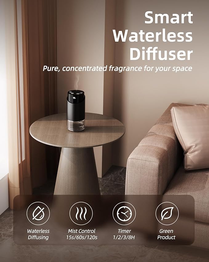 Waterless Essential Oil Diffuser Aromatherapy Scent Diffusers for Home Large Room, Bedroom, Car, Office, Desk, Battery Operated Mini Portable Air Freshener, 3 Countdown Timers & 3 Mist Levels