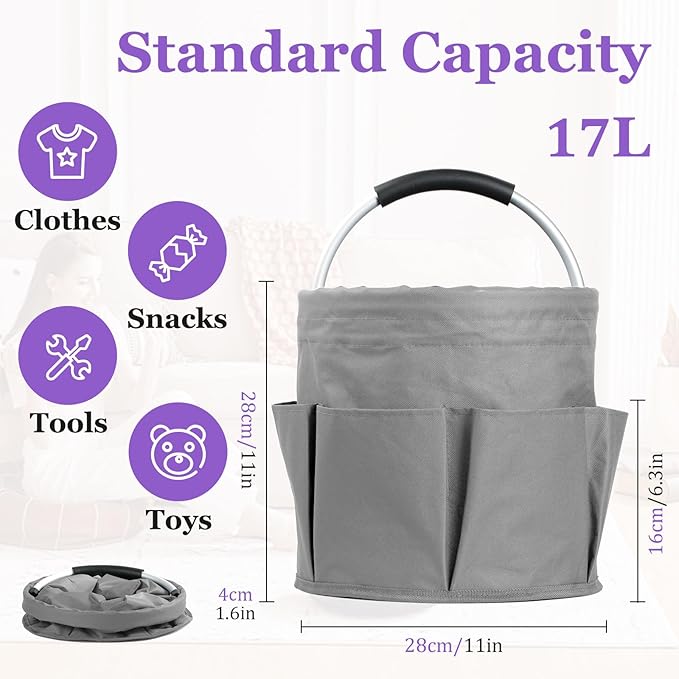 17L Collapsible Cleaning Caddy with Handle, Foldable Cleaning Supply Caddy, Bucket Tool Organizer in 600D Oxford Fabric, Multifunctional Storage Basket for Cleaning, Traveling, Dark Gray