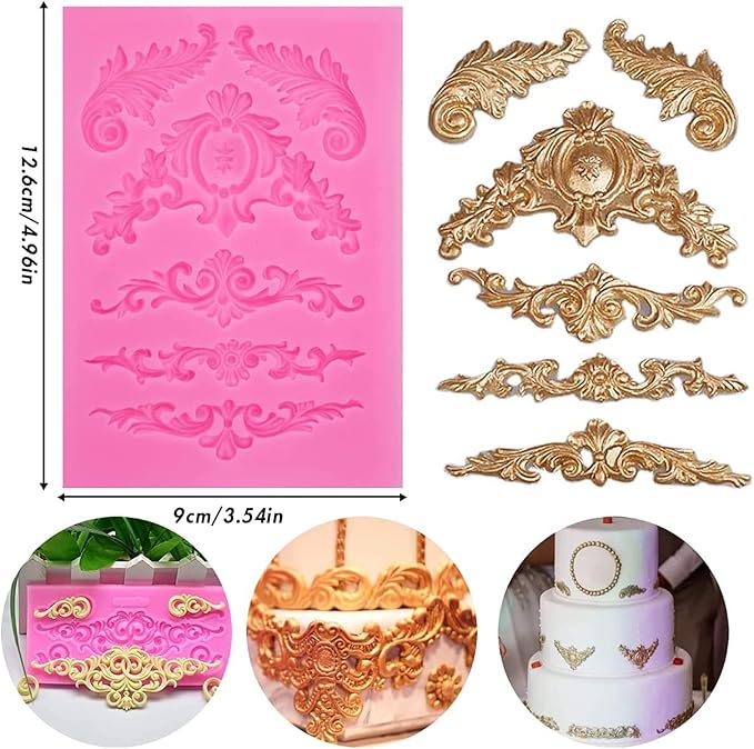 Rainmae 7 Pcs Baroque Fondant Silicone Molds, Relief Flower Lace Chocolate Mould, Scroll Lace Clay Mold, Filigree Mold 3D Sculpted Decoration, Cupcake Topper, Jewelry, Polymer Clay, Crafting Projects