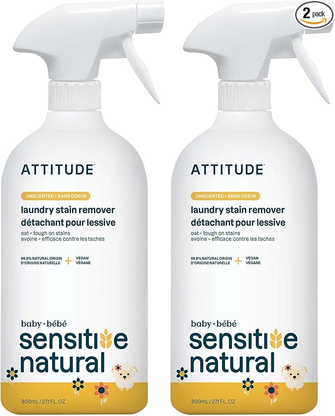 ATTITUDE Fabric Stain Remover for Baby Clothes, Plant- and Mineral-Based Ingredients, Vegan and Cruelty-free Laundry Products for Sensitive Skin, Unscented, 27 Fl Oz (Pack of 2)