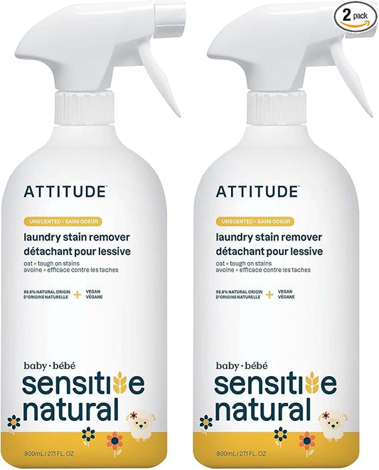 ATTITUDE Fabric Stain Remover for Baby Clothes, Plant- and Mineral-Based Ingredients, Vegan and Cruelty-free Laundry Products for Sensitive Skin, Unscented, 27 Fl Oz (Pack of 2)