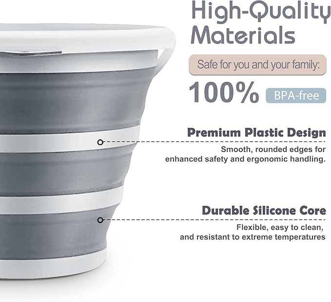 Goderewlid Collapsible Bucket 2.6 Gal/10L, Space-Saving, Portable Foldable Water Pail for Versatile Use, Home, Outdoors, Car Wash, Camping, Fishing - Grey, Single Pack
