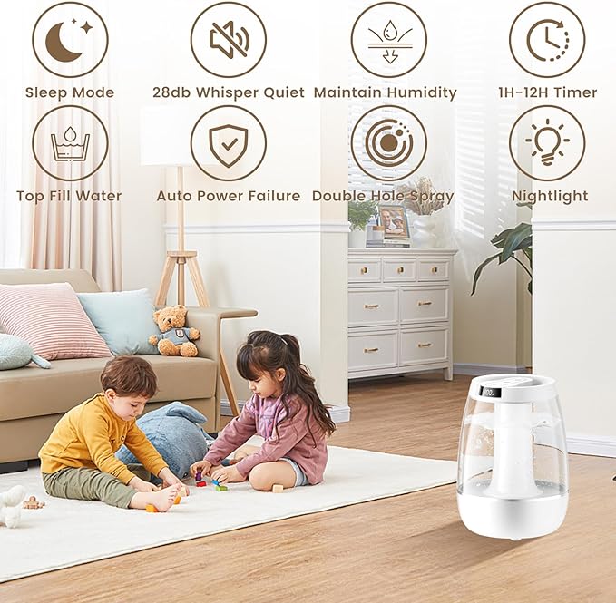 3L Cool Mist Humidifier for Bedroom, Home & Office - Large Capacity, Quiet, Auto Shut-Off, Waterless Protection - Ultrasonic Air Humidifier for Plants & Dry Air