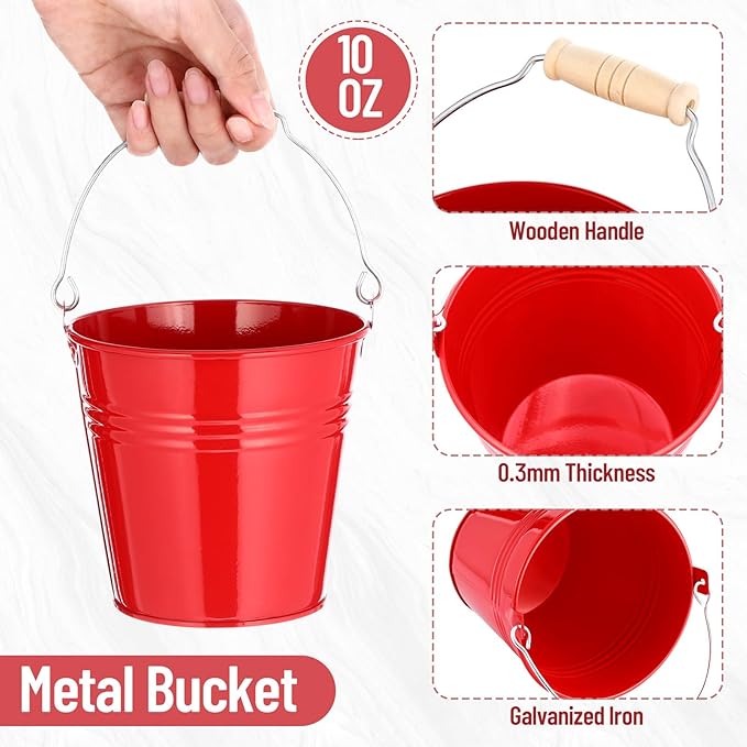 Zopeal 6 Pcs Large Metal Bucket Beer Bucket Galvanized Steel Pail with Handle for Gifts Basket Ice Candy Party(5 x 4.7 x 3.5 Inch,Red)