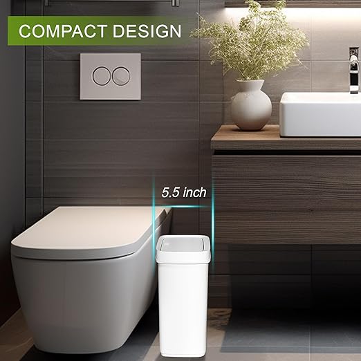 UUJOLY Small Bathroom Trash Can with Lid Slim Wastebasket Garbage Can Plastic Container Basket Trash Bin for Kitchen, Laundry Room, Office, Kids Room, Dorm, White, 2.4 Gallon, 2 Pack