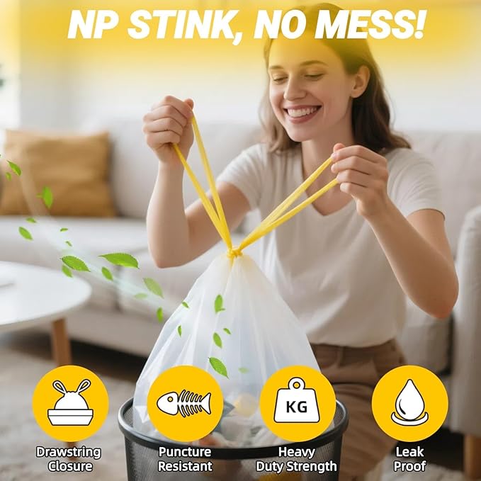 4 Gallon White Bathroom Trash Bags – Heavy Duty Small Drawstring Garbage Bags for Bathroom & Kitchen, Tear-Resistant, Leakproof, Easy Tear-Off, White Bathroom Trash Liners, 32 Count