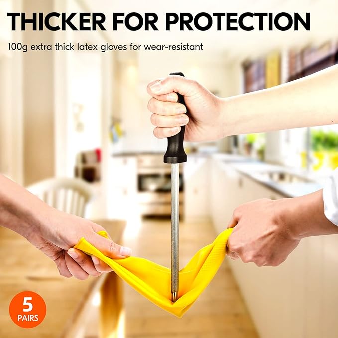 Vgo... 5-Pairs Reusable Household Gloves, Rubber Dishwashing gloves, Extra Thickness, Long Sleeves, Kitchen Cleaning, Working, Painting, Gardening, Pet Care (Size S, Yellow, HH4601)