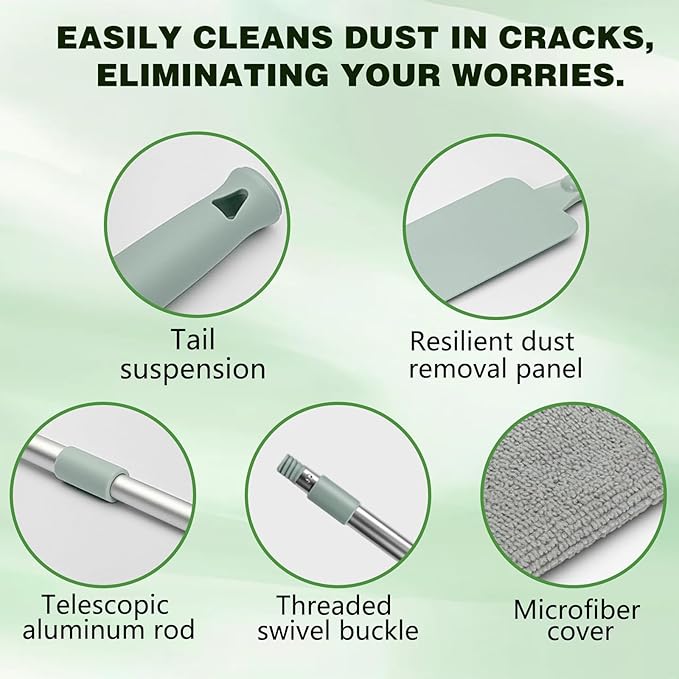 Retractable Gap Dust Cleaner Cleaning Tools with 2 Microfiber Dusting Cloths, Flat Duster with Extension Pole, Flexible Microfiber Duster for Cleaning Under Refrigerator,Sofa,Couch Bed,Furniture