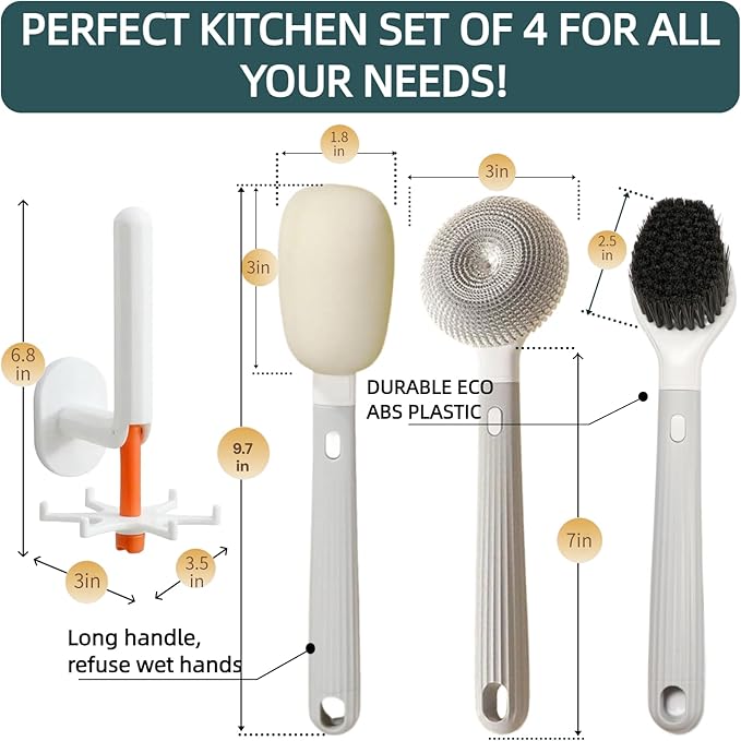 Dish Brush with Handle,4-Pieces Dish Brush Set with Holder,Replaceable Brush Heads Long Handle Kitchen Scrubber,for Pots,Sink,Pans &Bottles.Gray