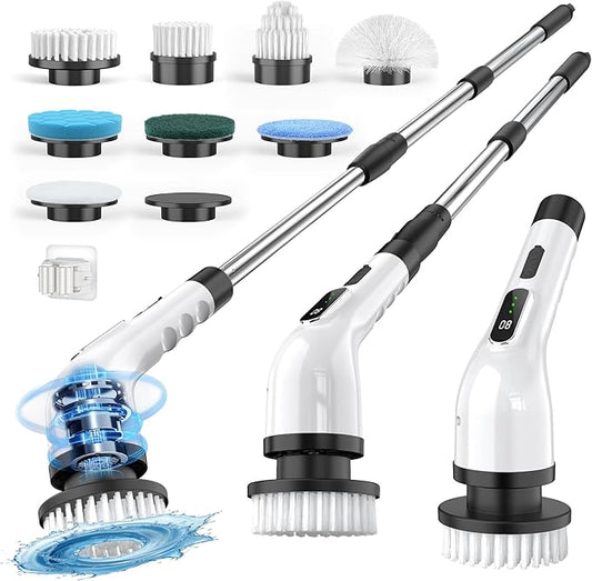 Electric Spin Scrubber Cordless - 3 Speed Rechargeable, Adjustable & Detachable Handle, 9 in 1 Brush Heads Power Scrub Brushes for Cleaning Supplies Shower Bathroom Tub Kitchen Tile Floor
