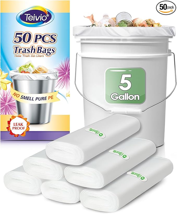 5 Gallon 50 Counts Strong Trash Bags Garbage Bags by Teivio, Bathroom Trash Can Bin Liners, Plastic Bags for home office kitchen, Clear