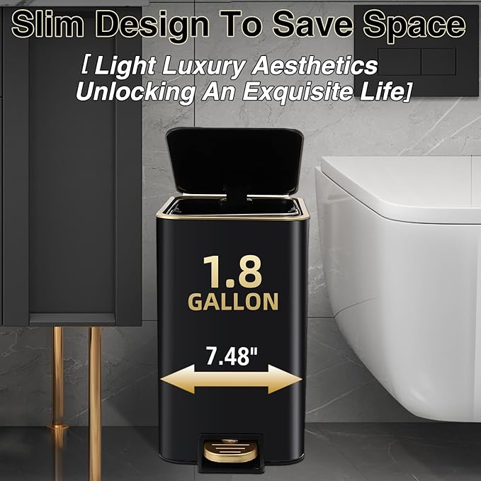 Small Bathroom Trash Can with Lid Soft Close, 1.8 Gallon Stainless Steel Garbage Can with Removable Inner Bucket,Black Toilet Brush,75Count Trash Bags, Slim Step Pedal Trash Bins