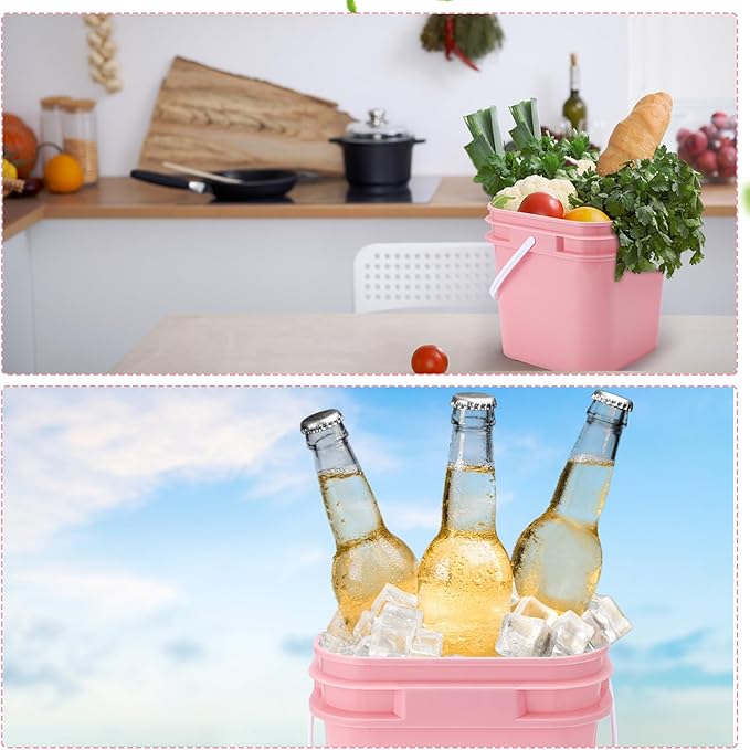 Suzile 2.2 Gallon Square Bucket with Lid Food Grade Plastic Bucket 10L Utility Industrial Pail with Handle Container for Food Oil Tub Water Fishing Paint House Cleaning Car Washing (Pink,10pcs)