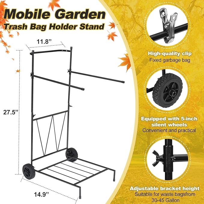 Heavy Duty Portable Trash Bag Holder with Wheel, Adjustable 30-45 Gallon Outdoor Leaf Bag Stand, Durable Trash Bag Rack, for Yard, Lawn Cleanup, Gardening, Camping & Parties