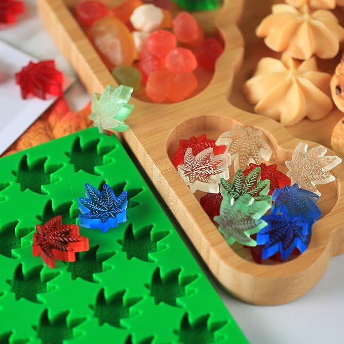 Marijuana Cannabis Hemp Leaf Silicone Molds with 70 Cavities Shaped for Pot Chocolate Candy Gummy, with Baking Scraper