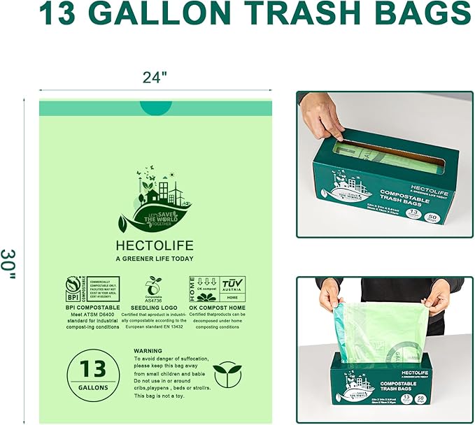 13 Gallon,200 Count, Compostable Trash Bags with Drawstring,Tear Resistant Kitchen Food Scrap Waste Bag, ASTM D6400, US BPI and Europe OK Compost Home Certified