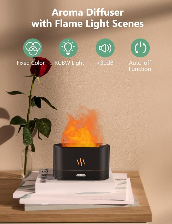 Essential Oil Diffuser, Air Humidifier with Flame Led Light - 7 Colors, 180mL Capacity (8 Hours), Noiseless Operation, Auto-Off Protection - Perfect for Home Bedroom Office Gifts(Black)