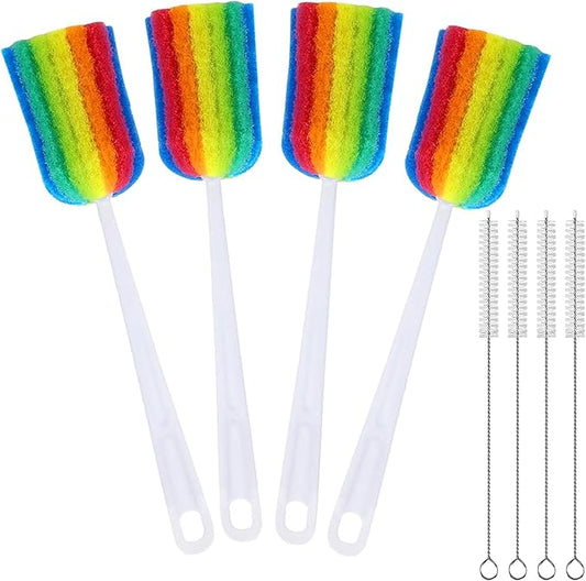 Bottle Brush 4PCS with Straw Brush 4PCS Sponge Cleaning Brushes Long Handle Scouring Pad Scrub Brushes for Kitchen Clean Baby Bottle Glasses Mugs Cups Straw (4PCS+Straw Brush 4PCS)