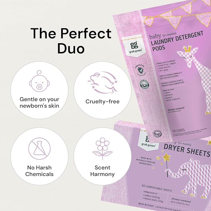 Grab Green Baby Laundry Detergent Pods and Dryer Sheets Bundle, 50 Count Pods and 80 Dryer Sheets, Dreamy Rosewood Scent, Plant and Mineral Based Laundry Care Set