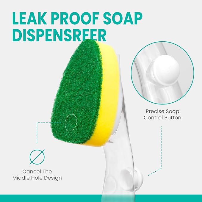 HELIME Heavy Duty Dish Wand Refills Kit with Handle, 6 Non Scratch Dishwand Refill Pack, Replacement Sponge Heads Set,Dishwashing Scrub Brush,Soap Control Dispenser Scrubbers, Dishwasher Cleaning Tool