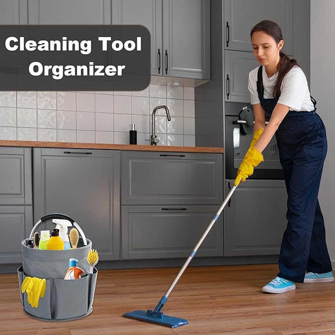 17L Cleaning Caddy with Handle, Cleaning Supplies Organizer, Foldable Storage Basket, Cleaning Supply Caddy, Portable Multi Cleaning Bucket Bag for Home, Garden (Grey)