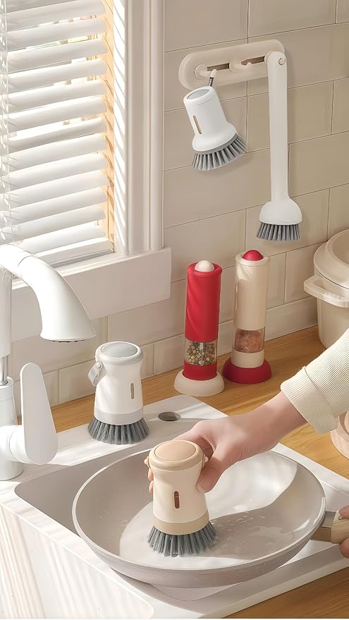 Adjustable Dish Brush with Soap Dispenser, Non-Scratch PET Bristles, Ergonomic Handle, Kitchen Cleaning Tool for Pots, Pans & Sink (Grey, Long-1 Piece)