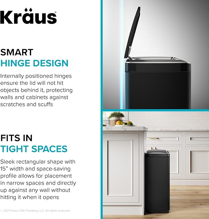 Kraus GarbagePro Rectangular 13 Gallon Hands-Free Motion Sensor Trash Can Battery Operated in Fingerprint Resistant Stainless Steel Finish with SoftShut Touchless Lid, KTCS-10SS