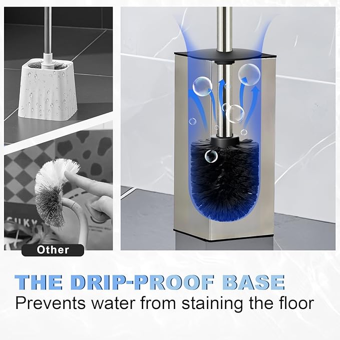 Toilet Brush and Holder Set, NEWRAIN Stainless Steel Toilet Brush with Long Brush Handle, Brushed Nickel Toilet Scrubber and Covered Holder, Square Design Sturdy and Space Saving, Covered Brush