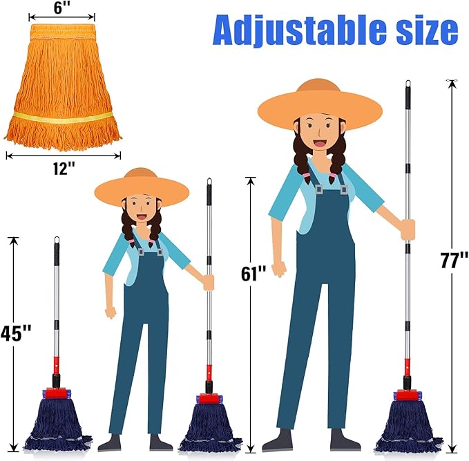 Heavy Duty Commercial Mop with 77inch Long Handle, Looped-End String Wet Mop with 12 Mop Heads for Home, Garage, Office Floor Cleaning (Orange-Blue)