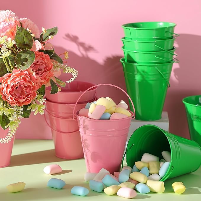 Sadnyy 12 Pack Metal Buckets with Handle, Galvanized Bucket 4.5 x 5 Inch Basket Bucket Party Supplies, Crafts for Christmas Halloween Candy Bars Vase Crafts(Pink Green)