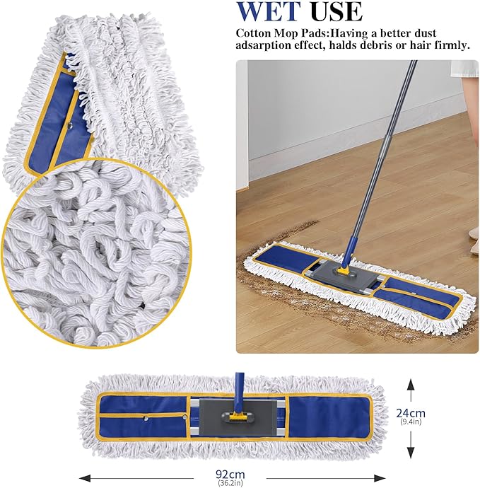 36" Commercial Mop for Floor Cleaning, Masthome Heavy Duty Industrial Mop with 3 Pads, Professional Microfiber Mops with 60'' Long Handle,Large Dust Mops for Office Garage Warehouse Factory Mall(Blue)